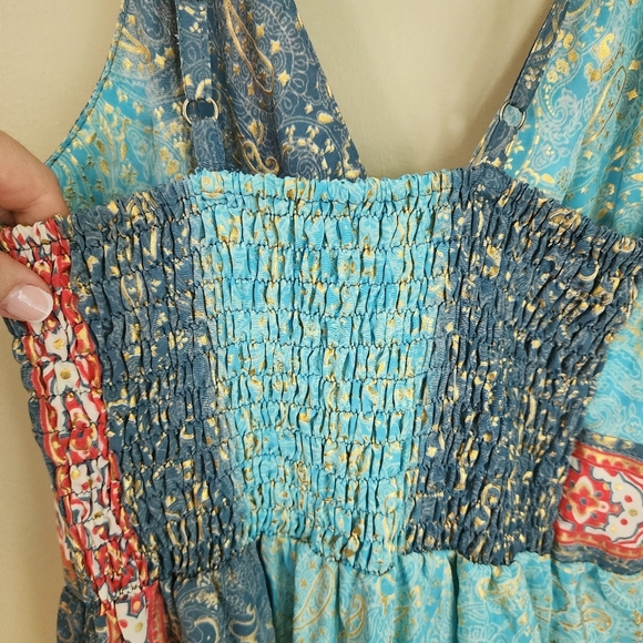 Art Silk Bohemian Blue and Red Sundress Tie Drewstring Waist Shirring Back - Picture 5 of 9